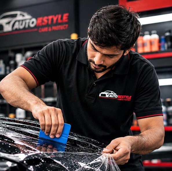 Auto ReStyle technician applying paint protection film during a hands-on training session